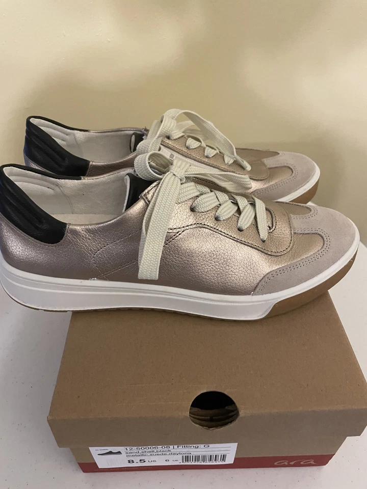 Zapatilla deportiva para mujer ARA Rhodes arena metálica/concha/cuero negro 8,5 M-como nueva con caja Foto 4 de 4