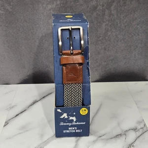 Tommy Bahama S/M Ceinture stretch tressée Navy Khaki Herringbone Trim en cuir Nouveau