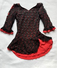 Girls Ice Skating Dress Black Red Lace Bell Sleeve Rhinestone w/ Scrunchie