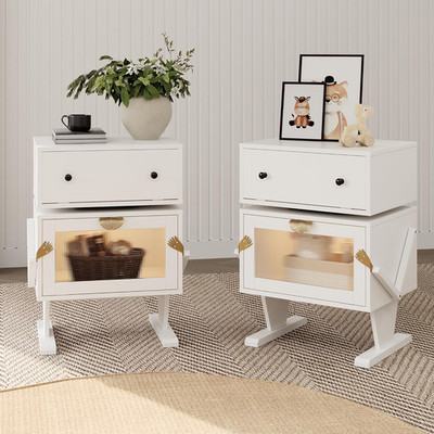 Modern LED End Tables with 360° Drawer - Set of 2, White Night Stands