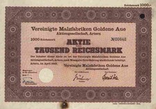 Vereinigte Malzfabriken Goldene Aue 1943 Artern Ro&szlig;leben Th&uuml;ringen RARE 1000 RM