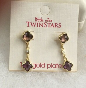 Authentic Cute Little Miss Twin Stars 14K Gold Plated Purple Crystal Drop Dangle Earrings