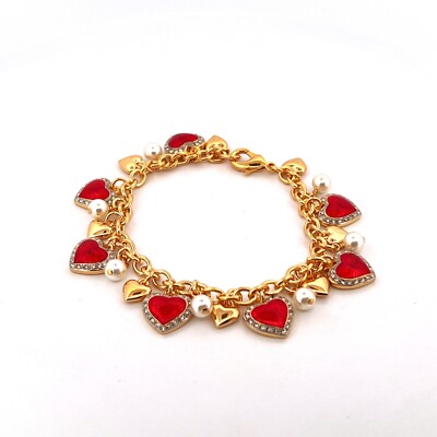 Herz Bettelarmband vergoldet Metalllegierung besetzt mit roter Emaille Perle & Kristall