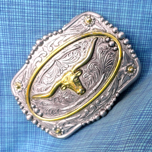 Cowboys Western Longhorn Belt Buckle Larger Floral Scroll Vtg 90s .NOX964