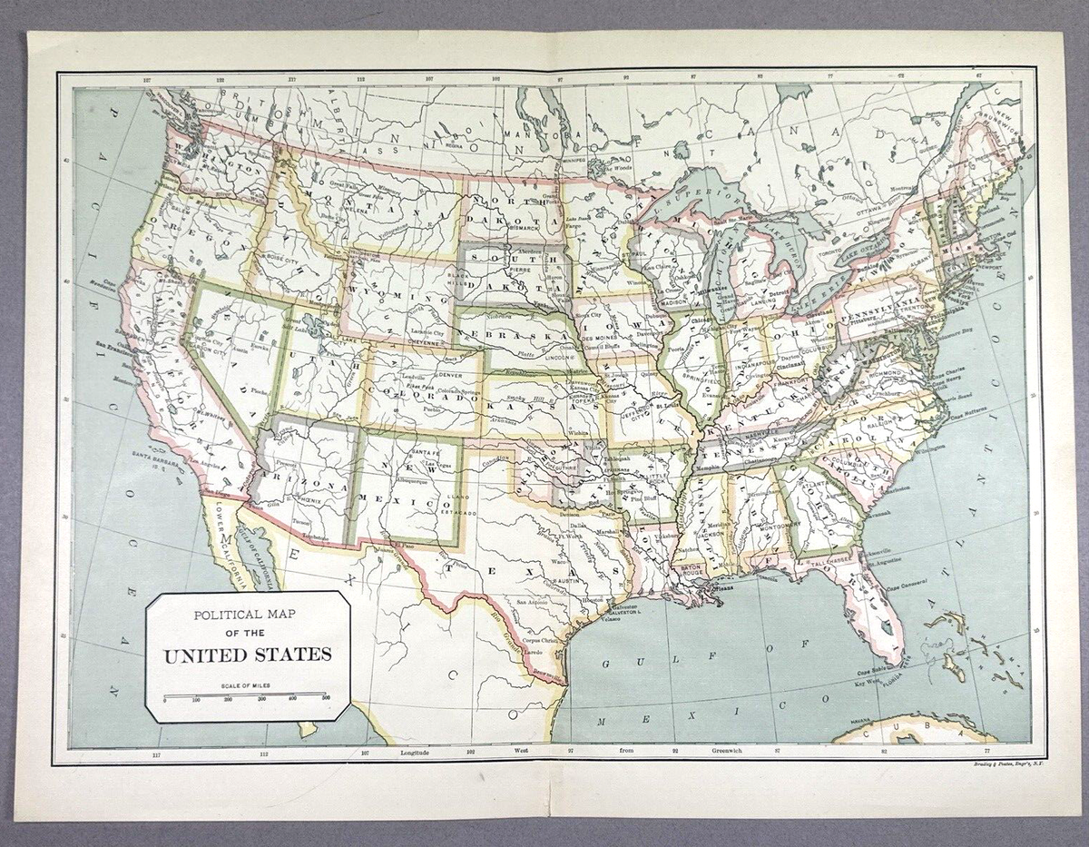Antique Illustration 1901 Political Map of the United States