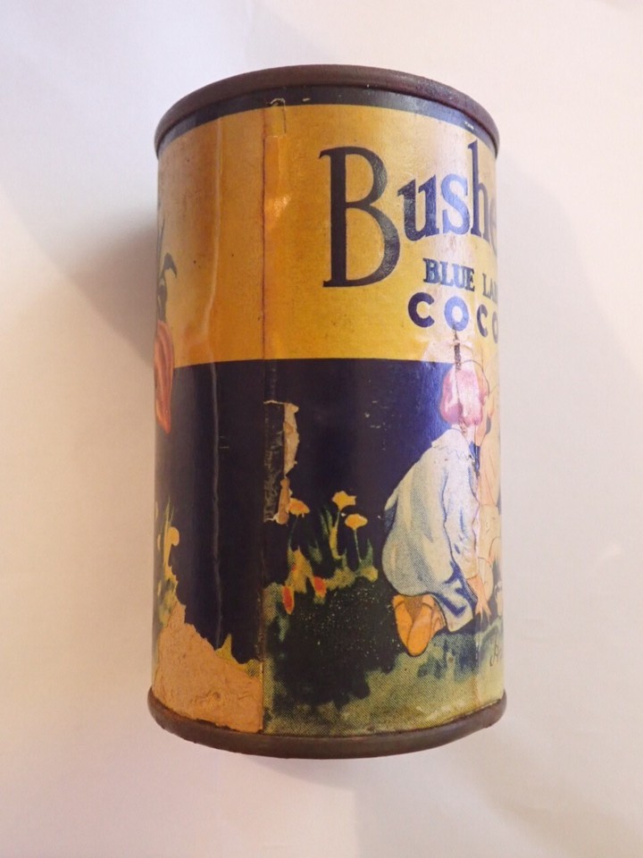 BUSHELLS AUSTRALIA BLUE LABEL COCOA TIN SMALL SAMPLE SIZE c1930s PAPER ...