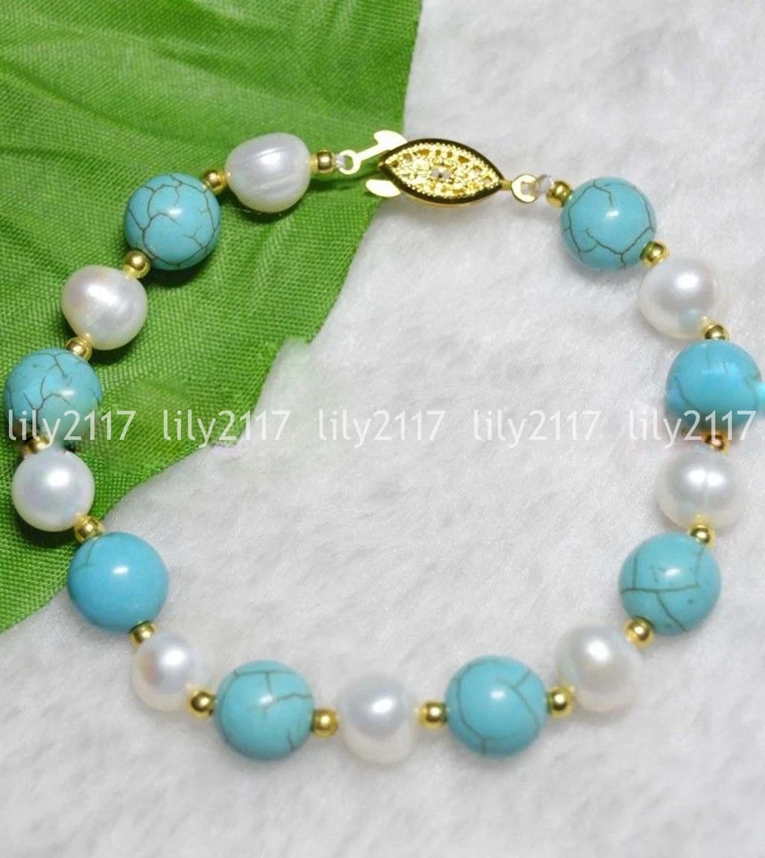 Красивый натуральный 9-10 мм белый жемчуг 10 мм синий бирюзовый бисер браслет 7,5'' - Изображение 3 из 3