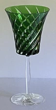 Ajka Crystal Gorgeous Green Emerald Swirl Cut To Clear Wine Goblet, Hungary 8.5"