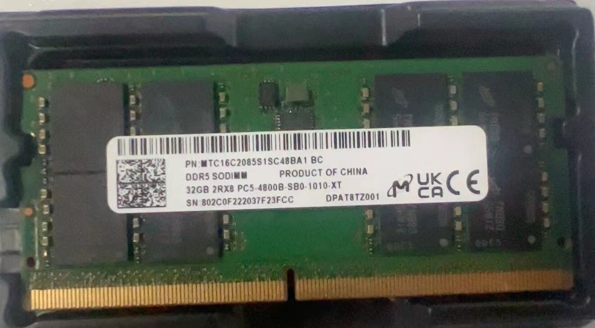 Micron 32GB DDR5 4800 SODIMM PC5-4800B-SB0 MT C16C2085S1SC48BA1