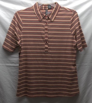 Women No Comment Plus 1X Red Orange Striped Polo Button Down Shirt SS Collar NWT