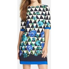 Eliza J. Women Shift Dress Size 14 Stretch Multicolored 3/4 Sleeve CV