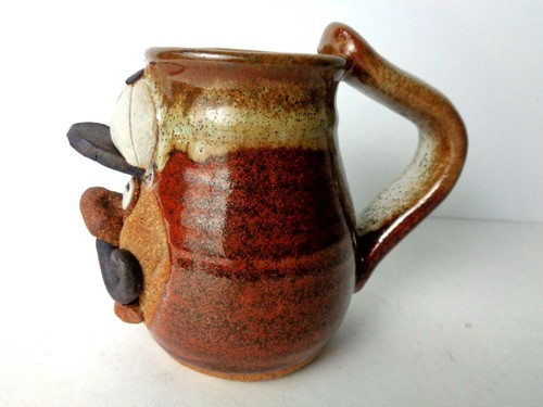 HANDTHROWN Baseball Man Face Pottery Mug Cup -- Handlebar Mustache -- Signed - Picture 3 of 6