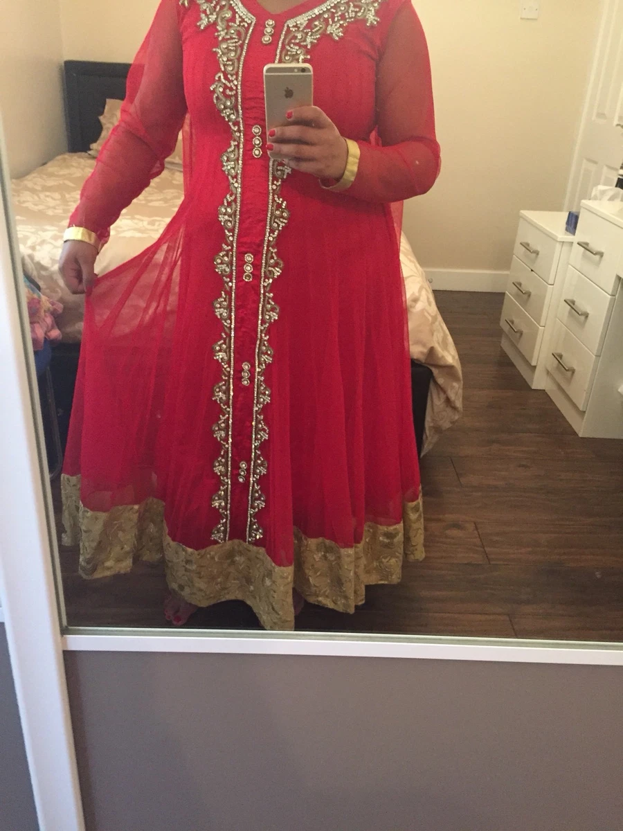 ANARKALI INDIAN TRADITIONAL PUNJABI SUIT DRESS RED CRYSTAL STONE