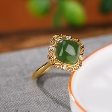 I02 Anello Barocco-Stile Motivo a Rami Quadrate Verde Giada Dorato Argento 925