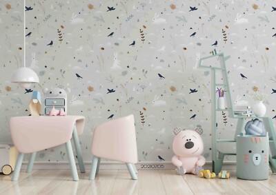 3D Rabbit Flower Bird Pattern Self-adhesive Removable Wallpaper Murals