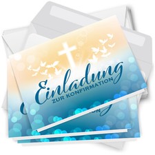 10 Einladungskarten Konfirmation mit Umschlägen Blau Kreuz Tauben Jungen Set