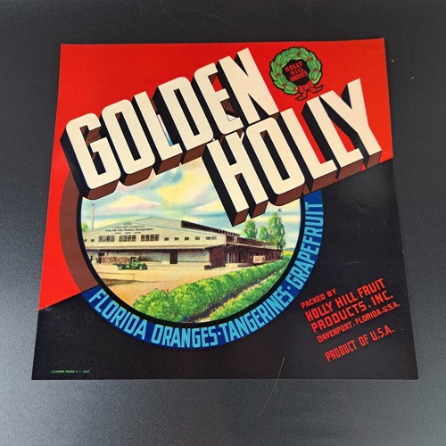 Original Vintage Label GOLDEN HOLLY Hill Fruit Products Florida 9" x 9" - Picture 1 of 3