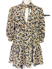 ASOS Design Dress Womens US 10 Black Yellow Floral Tie Neck Puff Sleeve Tiered M
