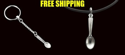 Mini Tiny Spoon Pendant Necklace and Keychain Set Silver Tone Free Shipping