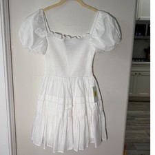 White Puff Sleeve Smocked Mini Dress Cottagecore Coquette Boho 3/4 NEW B.Darlin