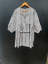 Indian Cotton Gray Striped Print Maxi Gown, Deep Neck Dress Women's Clothing US