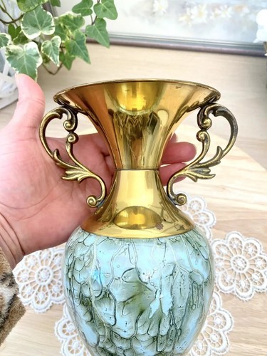 Vintage Marked Handmade Brass Ceramic Vase Delft Holland Decoration Home 25 cm - Picture 3 of 8