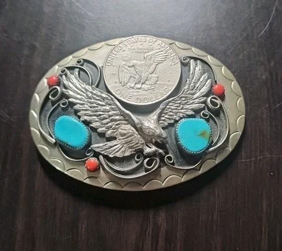 Vintage Metal Belt Buckle, Silver, Turquoise, Silver Dollar, Eagle, Heavy Duty