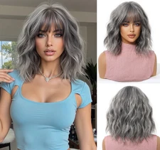 Women Gray Mix Color Shoulder Length Curly Wavy Synthetic Hair Wigs Soft