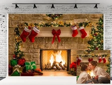 Christmas Photography Backdrop 7x5ft Fireplace Stone Wall Christmas Socks