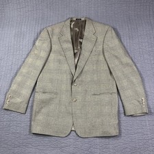 Oscar de la Renta Sport Coat Mens 43L Tan Brown Glen Plaid Silk Wool Blazer