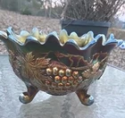 Antique  TRI FOOTED CARNIVAL GLASS LARGE NORTHWOOD GRAPE & CABLE BLUE FRUIT BOWL