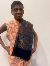 Men  s Indian Wedding Stole Dupatta Blue Paisley Fringe 42x84  Formal Never Worn