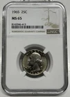 1965 Washington Quarter 25c NGC MS65 Mint State Uncirculated