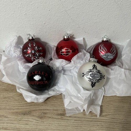 Harley Davidson Black Red White Christmas Glass Ball Ornament Set Of 5 - Picture 5 of 9