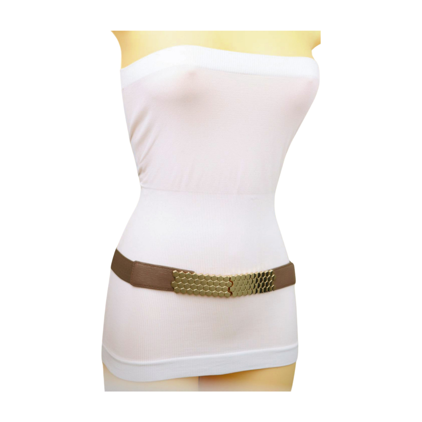 Mujer Marrón Topo Fino Elástico Fiesta Timer Cinturón de Moda Metal Dorado Panal