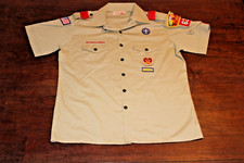 Boy Scouts of America BSA Men's Shirt Tan Large Sewn Patches Short Sleeve