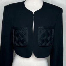 Gillian Cropped Bolero Jacket Woven Pockets Black Classic Career Party Small