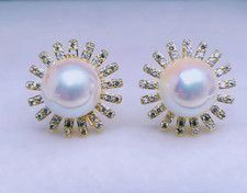 SeaShell Akoya Japanese White 8mm Pearl Sunflower DC Stud Earrings Gold Plated