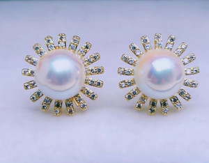 Authentic SeaShell Akoya Japanese White 8mm Pearl Sunflower DC Stud Earrings Gold Plated