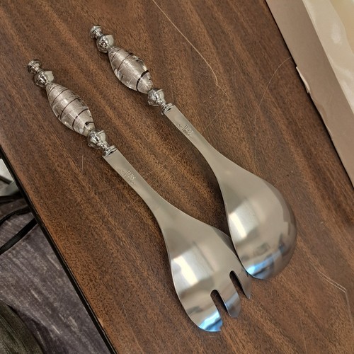 Salad Fork & Spoon Utensils Stainless Steel Set - Murano Art Deco Collectio New - Picture 5 of 9