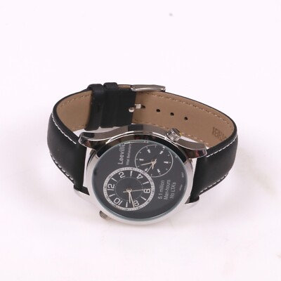 Leeville Two Times Zone Men's Watch Black Leather Band