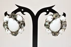 Vintage unsigned Schreiner? White & Smokey clip on earrings milk glass? Rhinesto