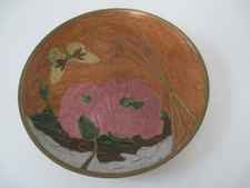 Messing Wandteller mit Emaille Bild, Handarbeit Seerose Schmetterling