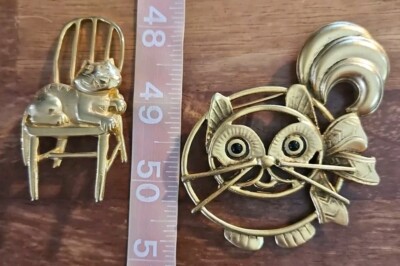 Fat Cat Brooch Pin Gold Tone Lot Of 2 JJ & Unmarked 