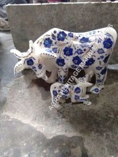 8" White Marble Cow With Calf Statue Lapis Lazuli Inlay Showpiece Decor E168