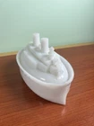 Vintage Wheeling Milk Glass Battleship Candy Trinket Dish W Lid Military Boat