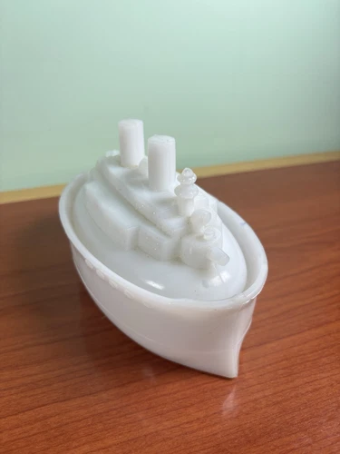 Vintage Wheeling Milk Glass Battleship Candy Trinket Dish W Lid Military Boat