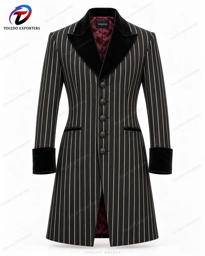 Men’s Black and Ivory Pinstripe Gothic Coat with Velvet Lapels and Wine Lining - product listing photo