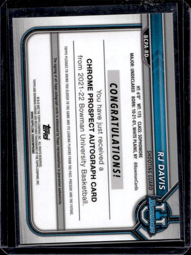 2021-22 Bowman Chrome U RJ Davis Prospect Auto #BCPA-RD Tar Heels - Picture 2 of 2