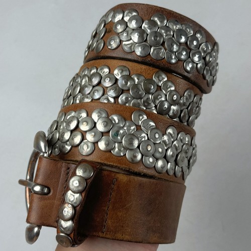 Vintage Y2K Brown Leather Belt Oversized Silver Studs Wide Western Boho Style